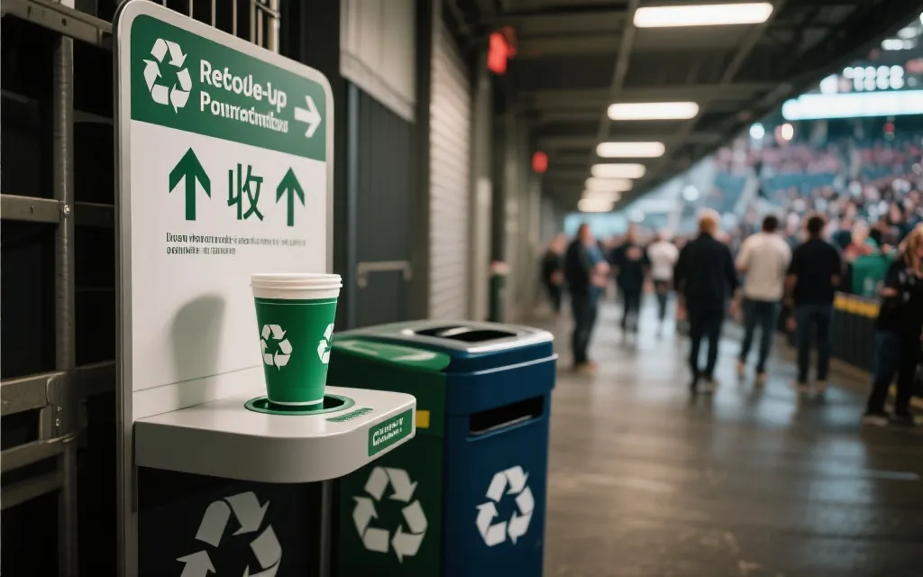可重复使用杯与回收站在体育场馆通道的场景，强调循环与动线设计